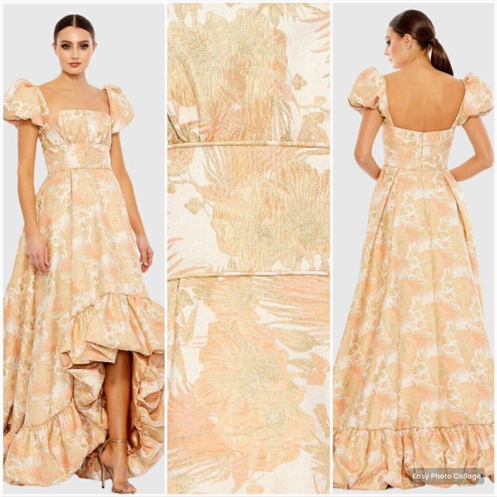 Nwot Mac Duggal 68276 Floral Print Puff Sleeve Brocade Gown 10 Pockets